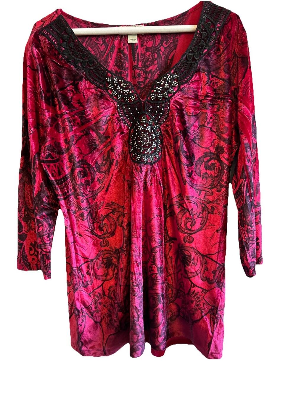 One World Red Velvet Crochet L Top Tunic Witchy Steampunk Whimsy Goth VAMP Fairy